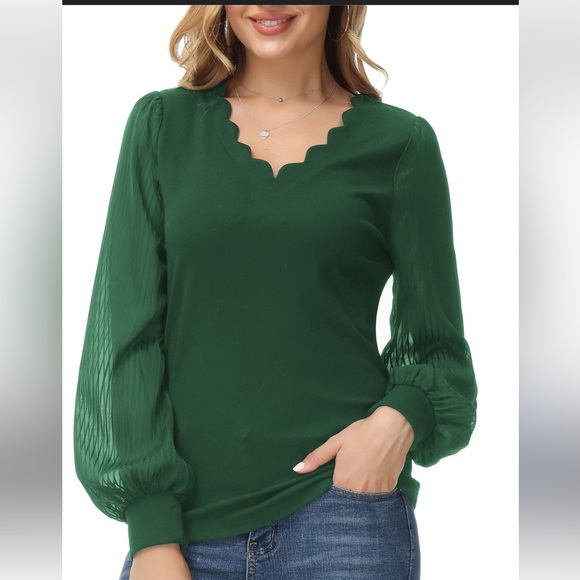 Tops - JASAMBAC Women's Formal Top Elegant Scalloped V Neck Mesh Sheer Sleeve Blouses M